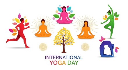 Fototapeta premium Colorful yoga poses and running illustration for international yoga day