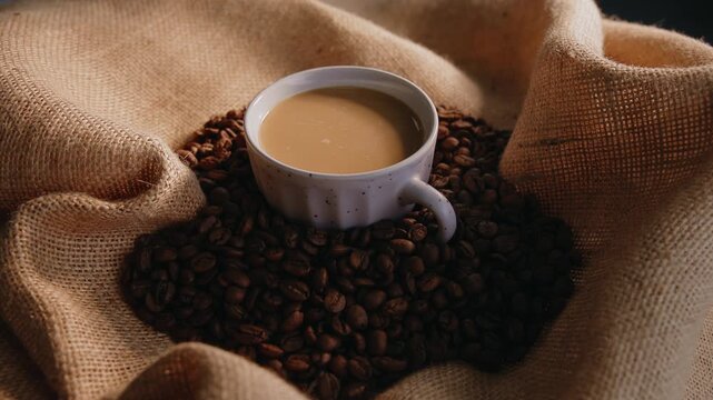 Top view cup of coffee surrounded by roasted beans on burlap sack for warm beverage background and cafe menu design banner.