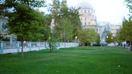 Obraz premium Green urban park with lawn, trees and a distant domed building rendered in soft bokeh and defocused background park; backdrop copyspace backplate calm.