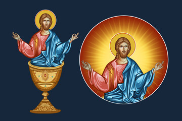 Fototapeta premium Heaven Liturgy. Jesus Christ in Holy Chalice. Illustration - fresco set in Byzantine style