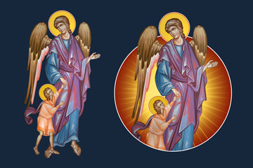 Fototapeta premium Guardian angel with a kid. Illustration - fresco set in Byzantine style