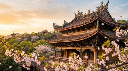 Fototapeta premium Ancient Chinese Temple Pagoda Blossoms Sunset Serenity