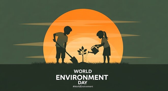 World environment day people planting a tree at sunset