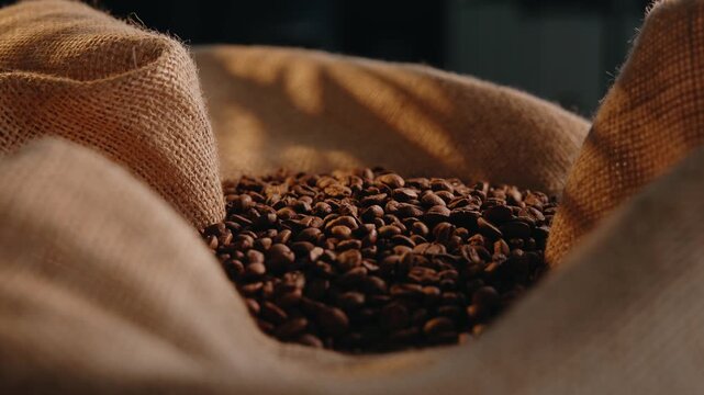 Burlap sack filled with roasted coffee beans in warm sunlight with shallow depth.