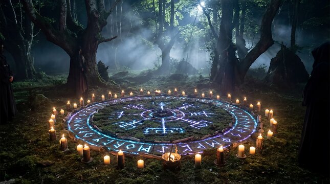 forest ritual magic circle moonlight candles sacred clearing mystical night scene with glowing symbols and smoke ideal for spiritual themes fantasy publishing immersive branding and event promotion
