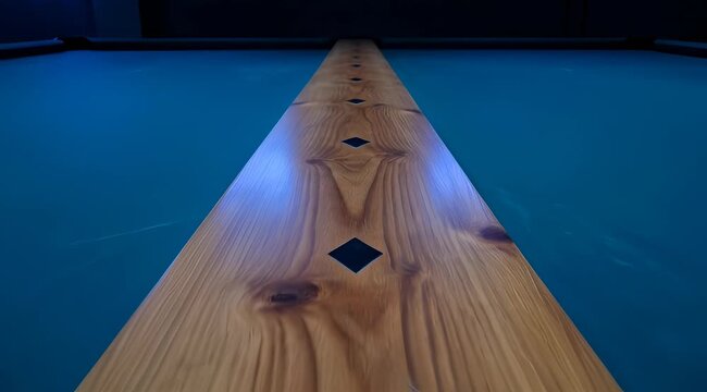 Modern wooden beam with diamond cutouts centered on vibrant blue billiard table, illuminated by cool blue light, creating abstract design indoors.