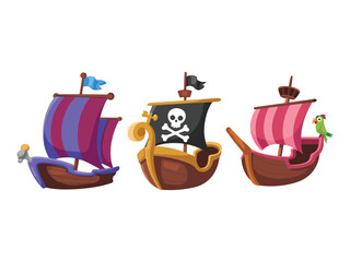 Cute Pirate Ship Vector Bundle - Cartoon Sailing Vessel Set for Kids Adventure Designs © Nowrose