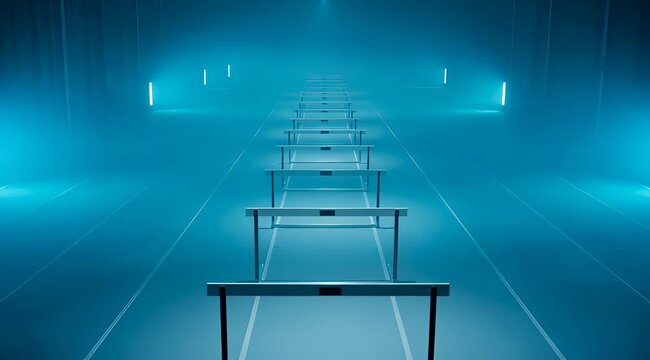 Sequential hurdles on glowing blue lit track in foggy arena, representing future challenge, overcoming obstacles.