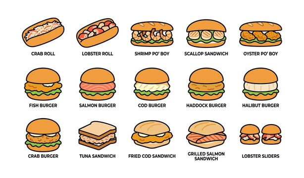 Assorted seafood sandwiches and rolls arranged on white background