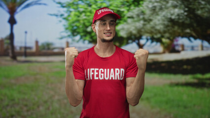 Naklejka premium Man lifeguard raises clenched fists, smiling and flexing forearms, wearing red lifeguard shirt and cap beside trees and promenade on street; confidence duty service.