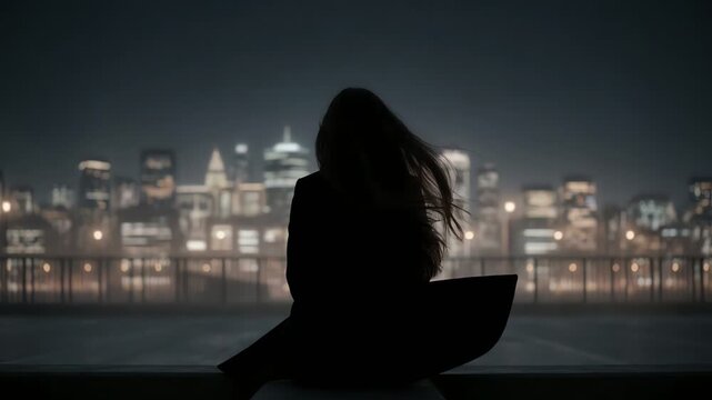 Silhouette of woman on rooftop overlooking city skyline at night, thoughtful mood