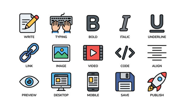 Text editing and publishing icons arranged in grid on white