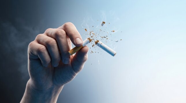 Hand Breaks Cigarette to Symbolize Recovery From Bad Habits and Addiction. Image Portrays Determination to Overcome Challenges in Healthcare Setting