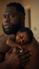 Obraz premium A Black father tenderly holds his newborn baby in a warm and intimate moment at home.