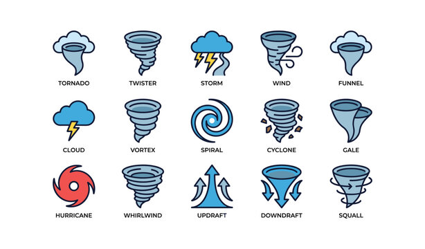 Tornado and vortex icons representing wind phenomena and storms