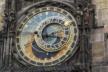 Obraz premium Close-up of the medieval Prague Astronomical Clock or Orloj with its astronomical dial and moving statues of a skeleton and a Turk on the Old Town Hall wall in Prague, Czech Republic