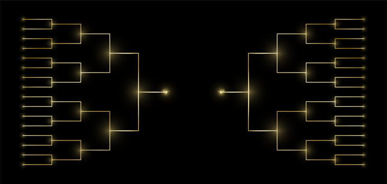 Tournament qualifying bracket concept for 32 teams. Golden shiny games table. Road to victory. Championship leaderboard for prize. Vector illustration