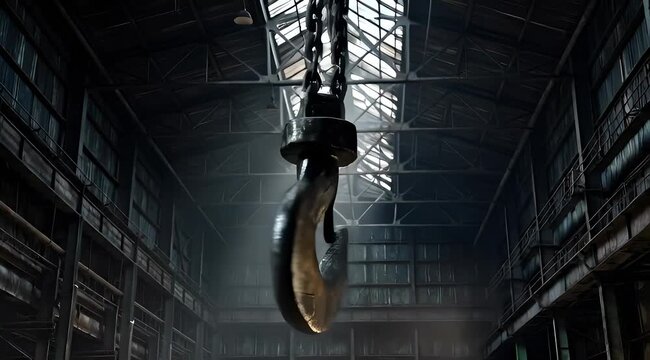 Heavy metal crane hook hangs from chains in industrial factory. Sunbeams illuminate vast, dusty interior. Powerful, old machinery in gloom.