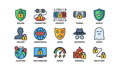Fototapeta premium Privacy and security icons arranged in grid on white background