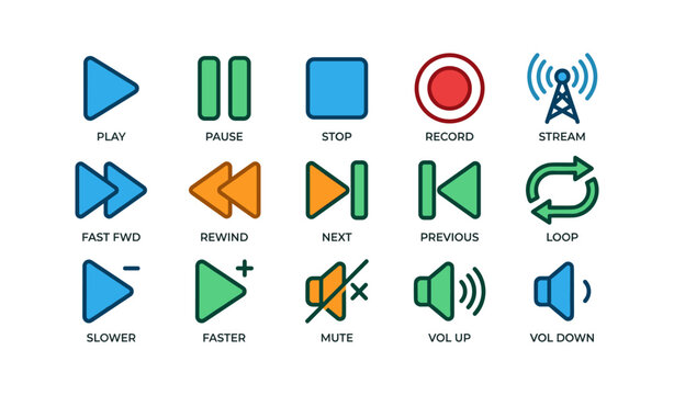 Set of media playback and volume icons displayed on white background