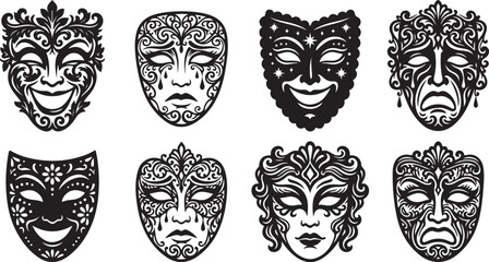 Fototapeta premium An arrangement of ornate venetian masks displayed against a white background silhouette