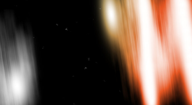 Abstract fire orange and white light streaks with motion blur effect and scattered particles on dark background. Dynamic energy flow and speed motion concept