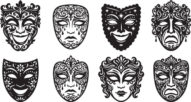 An arrangement of ornate venetian masks displayed against a white background silhouette