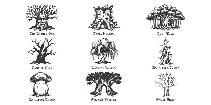 Fairy Tale Forest Enchanted Tree Collection-Wizard Tree Troll Banyan Beanstalk Toadstool Hollow Yew Birch Ghost Crosshatch Whimsical-Art