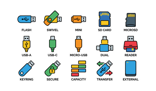 Set of usb and memory card icons arranged in grid layout