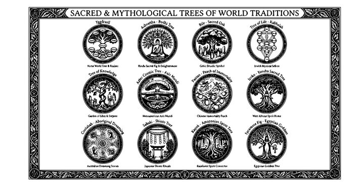 World Sacred Mythological Trees Reference Poster-Yggdrasil Bodhi Celtic Oak Kabbalah Eden Aztec Iroko Sakaki Kapok Sycamore-Fine Art