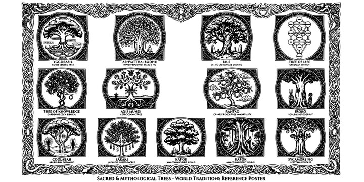 World Sacred Mythological Trees Reference Poster-Yggdrasil Bodhi Celtic Oak Kabbalah Eden Aztec Iroko Sakaki Kapok Sycamore-Fine Art