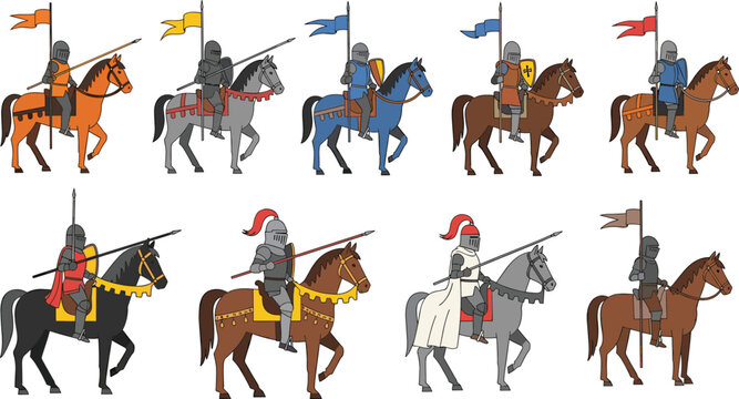 Cartoon illustrated medieval knights riding horses wearing armor holding lances flags shields colorful heraldry crusader symbols creative historical artwork scene