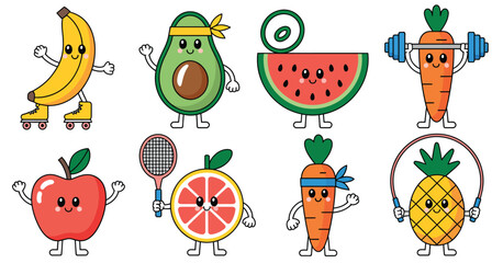 Fototapeta premium Set of Cute Cartoon Fruit and Vegetable Characters Exercising and Playing Sports for Healthy Lifestyle Concept