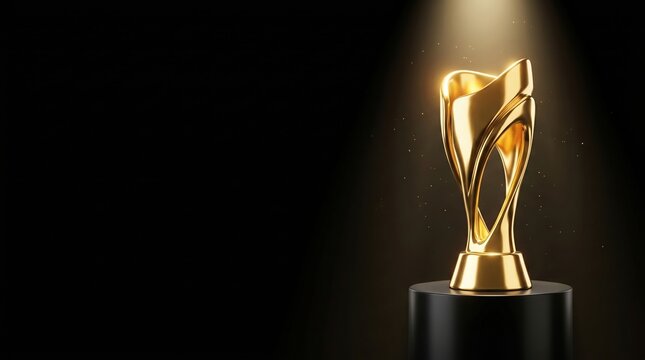Beautiful abstract elegant glowing golden sports trophy cup standing proudly on a black pedestal under a bright spotlight against a dark background with magical floating gold dust.