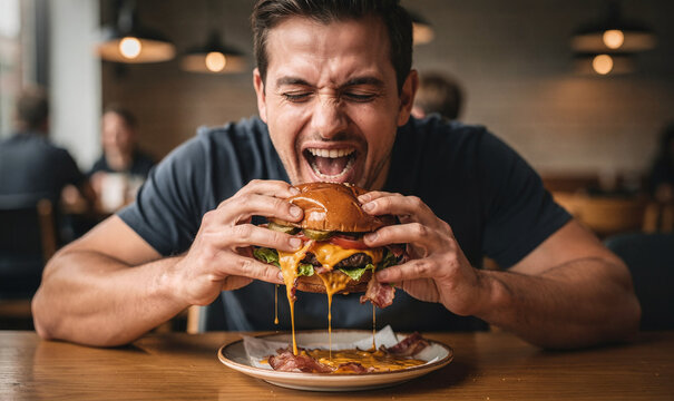 Hungry man devour juicy cheesy hamburger in restaurant, a messy yet satisfying experience, expressing extreme delight and desire for fast food indulgence