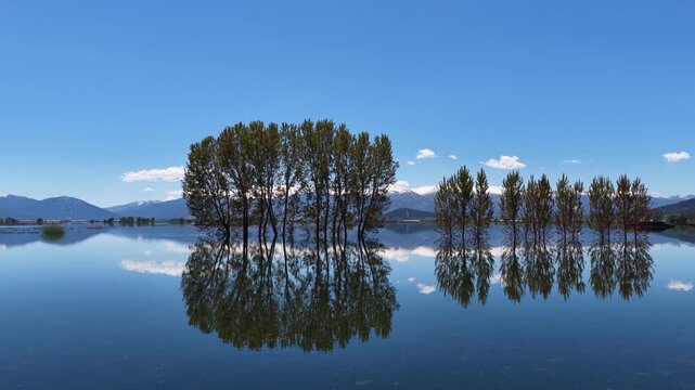 The enchanting reflection of trees and snow-capped mountains in the crystal-clear waters of Elmalı Karag&ouml;l.