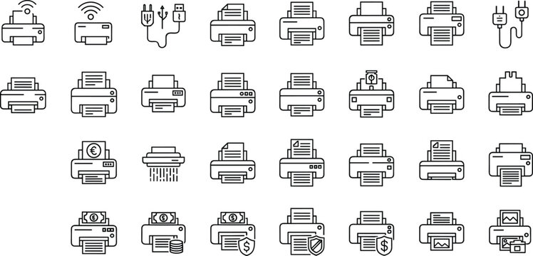 Large Set of Pixel Art Style Printer Icons with Various Functions and Accessories on White Background Vector Illustration