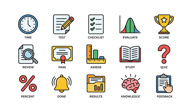 Collection of testing and learning icons on white background