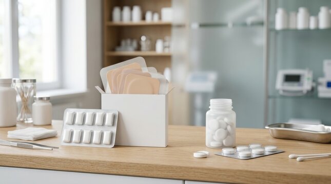 Products for Bad Habits and Addiction Recovery Arranged on a Table in a Healthcare Setting With Various Items Visible in the Background
