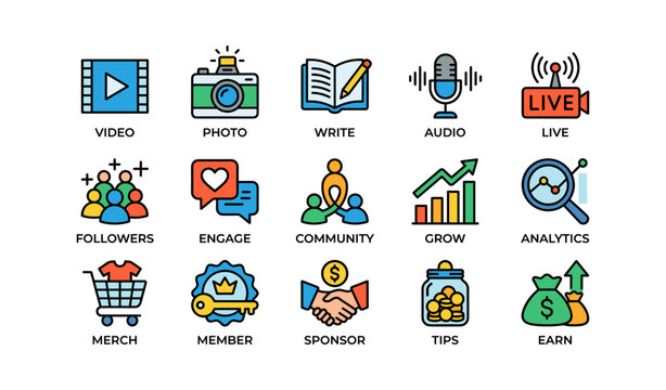 Social media content and monetization icons on white background