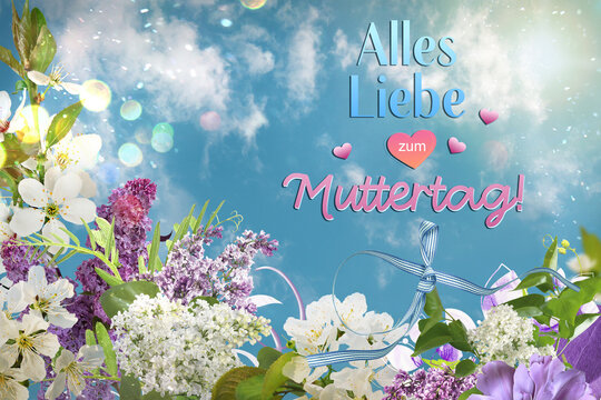 German Mother's Day Greeting Card with Alles Liebe zum Muttertag Text, Lilac Flowers and Apple Blossom against Blue Sky