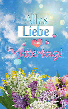 German Mother's Day Vertical Greeting Card with Alles Liebe zum Muttertag Text, Spring Bouquet of Lilacs, Tulips, Lily of the Valley and Mimosa
