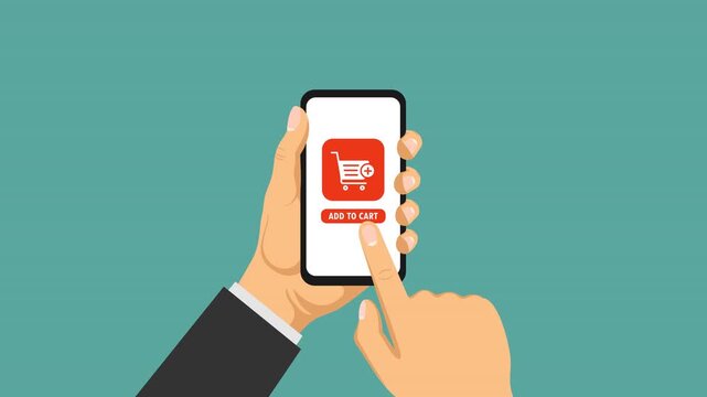 hand holding smartphone displaying add to cart video animation flat concept