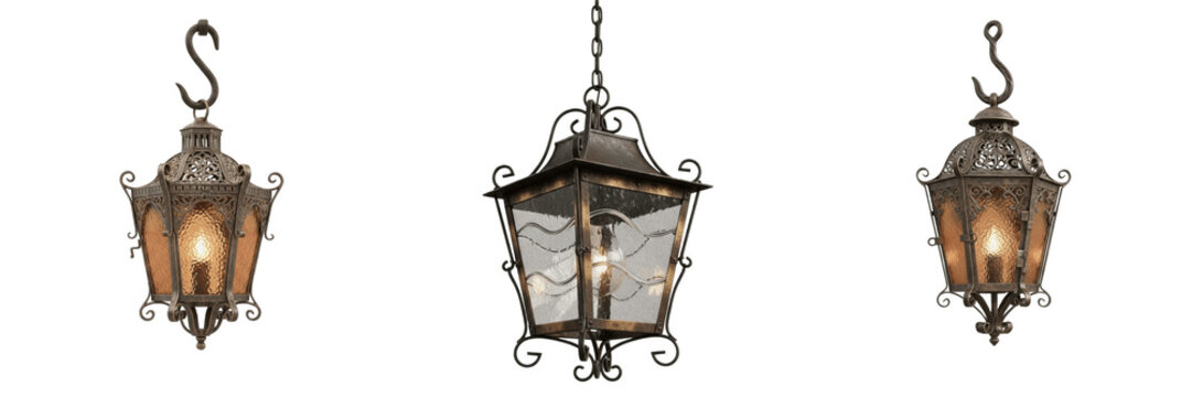 Antique Metal Hanging Lantern Set Isolated Transparent PNG
