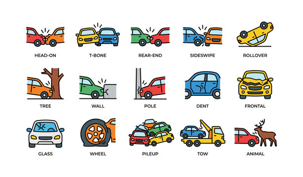 Car accident icons showing collision types and vehicle damage on white