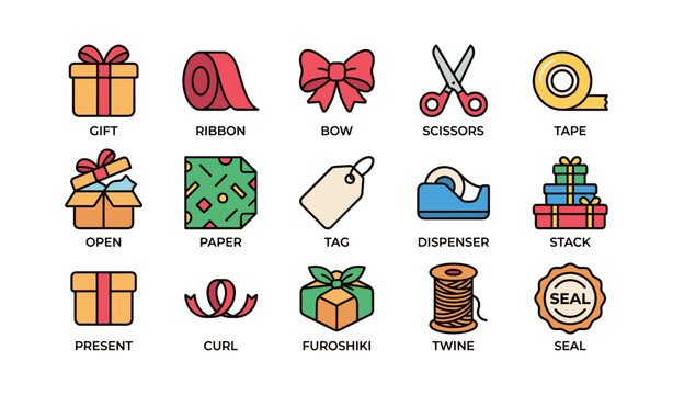 Gift wrapping and packaging icons arranged in grid on white