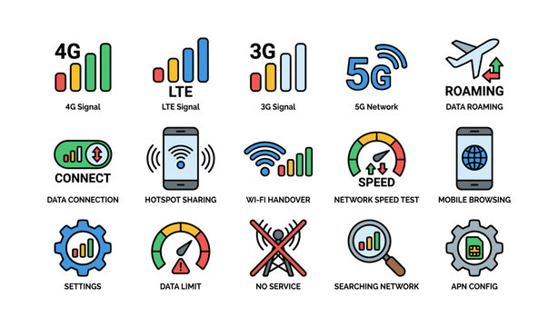 Telecom icons showing signal types on white background