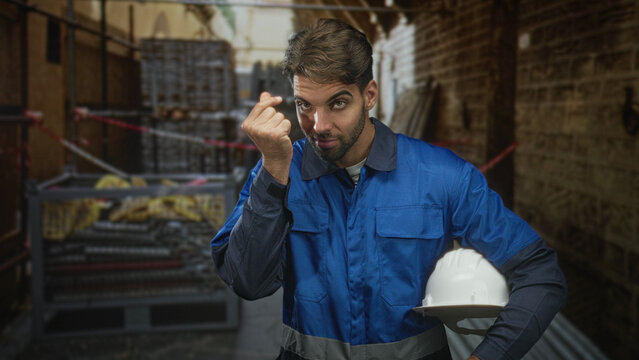 Man construction worker with beard in blue overalls holding white hardhat beckons with finger near face in industrial building corridor; confidence duty.