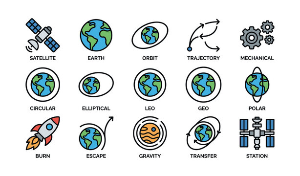 Space icons showing satellite orbit trajectories and planets