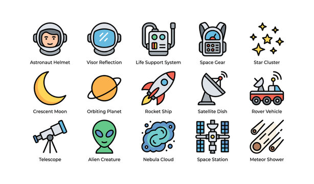 Space icons arranged in grid depicting planets and gear on white